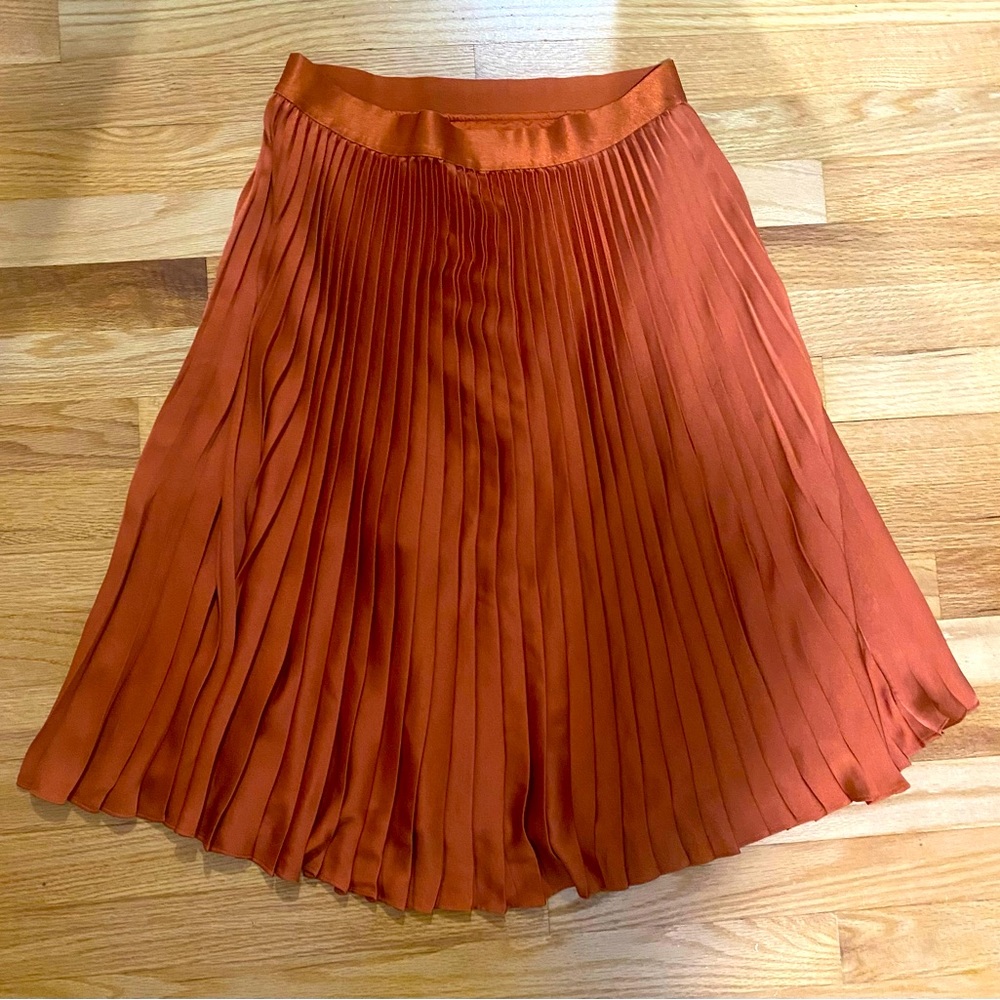 Express Pleated Satin Burnt Orange Midi Skirt